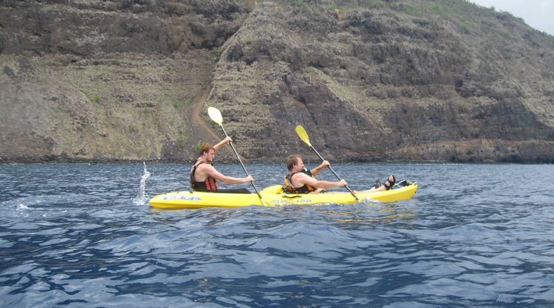 Two people enjoying a tandem kayak